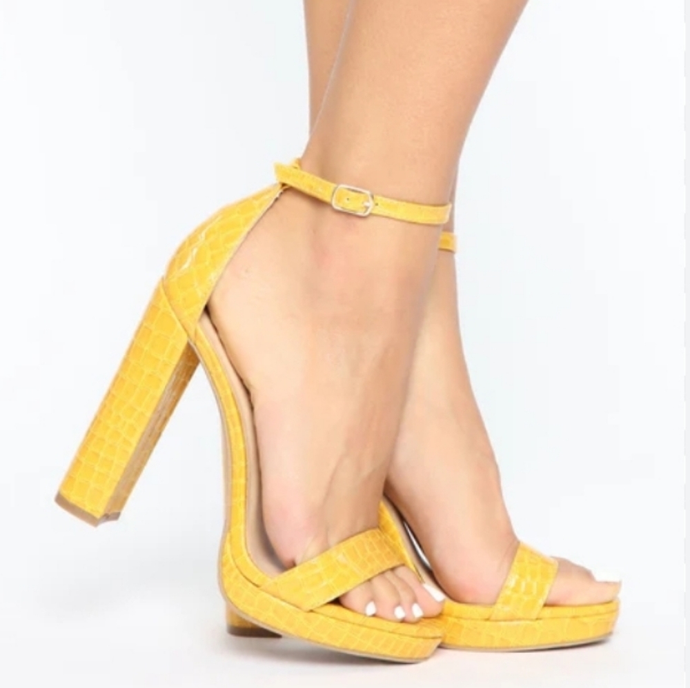 Fashion Nova Yellow Croc-Embossed Block Heel Sandals